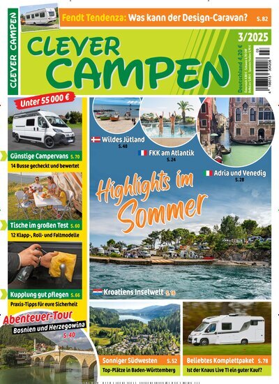 Titelbild der Ausgabe 3/2025 von Clever Campen. Diese Zeitschrift und viele weitere Automagazine und Motorradzeitschriften als Abo oder epaper bei United Kiosk online kaufen.