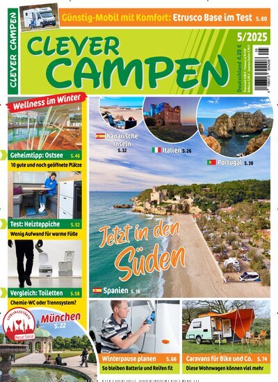 Titelbild der Ausgabe 5/2025 von Clever Campen. Diese Zeitschrift und viele weitere Automagazine und Motorradzeitschriften als Abo oder epaper bei United Kiosk online kaufen.