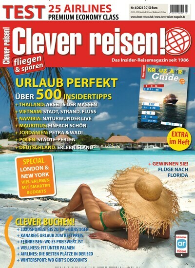 Titelbild der Ausgabe 4/2023 von Clever reisen!. Diese Zeitschrift und viele weitere Reisemagazine, Freizeitmagazine und Wissensmagazine als Abo oder epaper bei United Kiosk online kaufen.