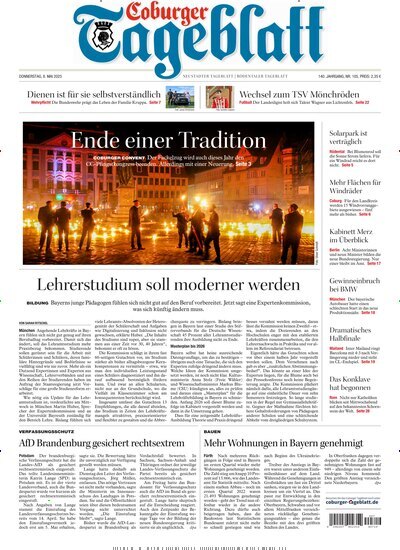 Titelbild der Ausgabe 105/2025 von Coburger Tageblatt. Diese Zeitschrift und viele weitere Zeitungsabos als Abo oder epaper bei United Kiosk online kaufen.