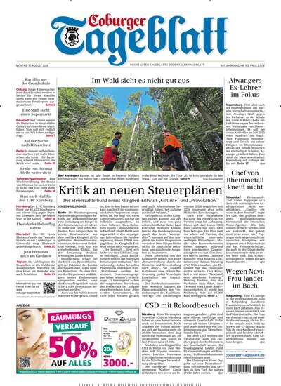 Titelbild der Ausgabe 182/2026 von Coburger Tageblatt. Diese Zeitschrift und viele weitere Zeitungsabos als Abo oder epaper bei United Kiosk online kaufen.