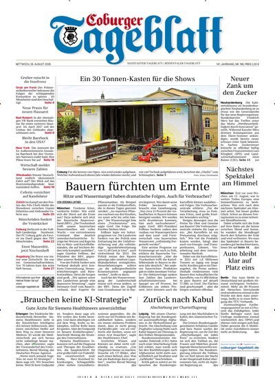 Titelbild der Ausgabe 196/2026 von Coburger Tageblatt. Diese Zeitschrift und viele weitere Zeitungsabos als Abo oder epaper bei United Kiosk online kaufen.