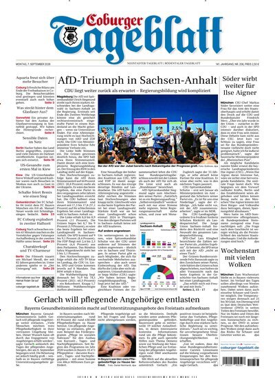 Titelbild der Ausgabe 206/2026 von Coburger Tageblatt. Diese Zeitschrift und viele weitere Zeitungsabos als Abo oder epaper bei United Kiosk online kaufen.