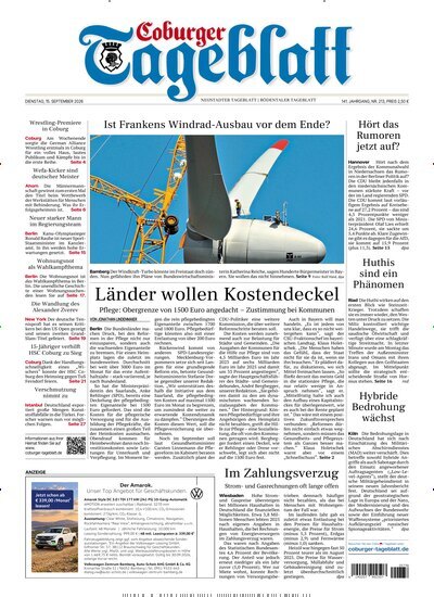 Titelbild der Ausgabe 213/2026 von Coburger Tageblatt. Diese Zeitschrift und viele weitere Zeitungsabos als Abo oder epaper bei United Kiosk online kaufen.