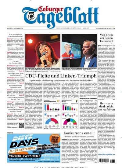Titelbild der Ausgabe 218/2026 von Coburger Tageblatt. Diese Zeitschrift und viele weitere Zeitungsabos als Abo oder epaper bei United Kiosk online kaufen.