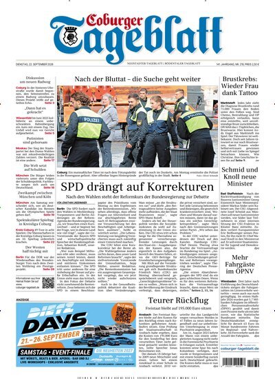 Titelbild der Ausgabe 219/2026 von Coburger Tageblatt. Diese Zeitschrift und viele weitere Zeitungsabos als Abo oder epaper bei United Kiosk online kaufen.