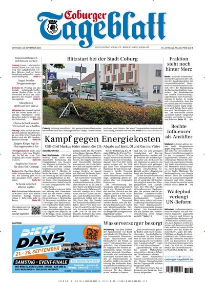 Titelbild der Ausgabe 220/2026 von Coburger Tageblatt. Diese Zeitschrift und viele weitere Zeitungsabos als Abo oder epaper bei United Kiosk online kaufen.