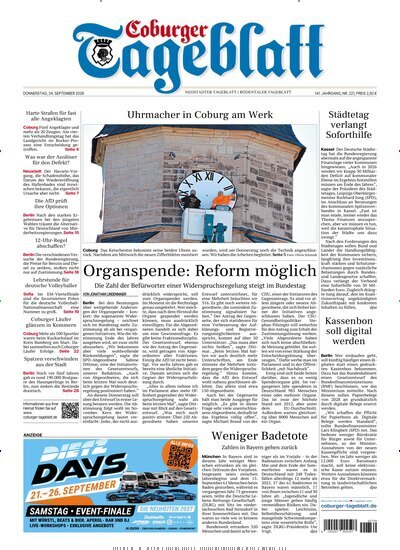 Titelbild der Ausgabe 221/2026 von Coburger Tageblatt. Diese Zeitschrift und viele weitere Zeitungsabos als Abo oder epaper bei United Kiosk online kaufen.