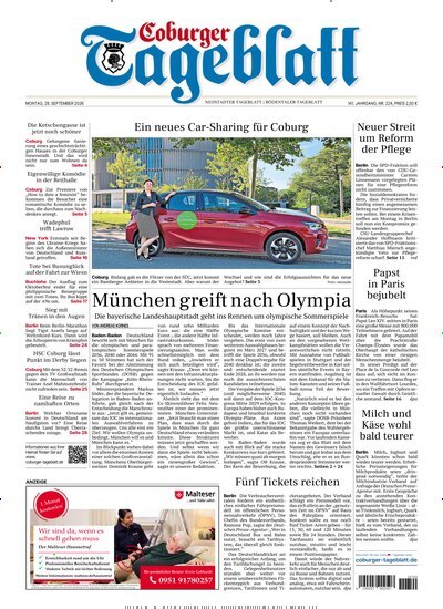 Titelbild der Ausgabe 224/2026 von Coburger Tageblatt. Diese Zeitschrift und viele weitere Zeitungsabos als Abo oder epaper bei United Kiosk online kaufen.