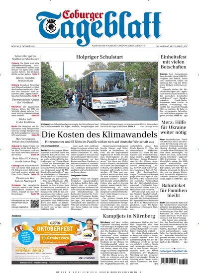 Titelbild der Ausgabe 229/2026 von Coburger Tageblatt. Diese Zeitschrift und viele weitere Zeitungsabos als Abo oder epaper bei United Kiosk online kaufen.