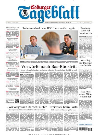 Titelbild der Ausgabe 236/2026 von Coburger Tageblatt. Diese Zeitschrift und viele weitere Zeitungsabos als Abo oder epaper bei United Kiosk online kaufen.