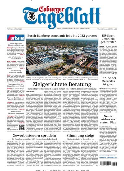 Titelbild der Ausgabe 239/2026 von Coburger Tageblatt. Diese Zeitschrift und viele weitere Zeitungsabos als Abo oder epaper bei United Kiosk online kaufen.