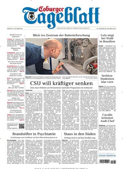 Titelbild der Ausgabe 248/2026 von Coburger Tageblatt. Diese Zeitschrift und viele weitere Zeitungsabos als Abo oder epaper bei United Kiosk online kaufen.