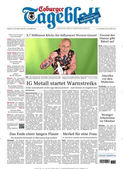 Titelbild der Ausgabe 252/2026 von Coburger Tageblatt. Diese Zeitschrift und viele weitere Zeitungsabos als Abo oder epaper bei United Kiosk online kaufen.