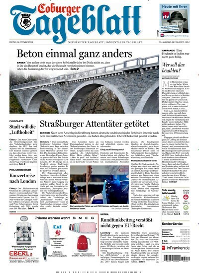 Coburger Tageblatt - epaper aktuelles Titelbild Ausgabe 289/2018 Aktuelles Titelbild von Coburger Tageblatt - epaper. Entdecken Sie jetzt die Ausgabe 289/2018. Lesen Sie gerne Zeitungsabos? Dann empfehlen wir Ihnen Coburger Tageblatt - epaper als digitales Abo (eAbo) und Einzelheft zum sofort Loslesen oder als Geschenkabo zum Vorbestellen.