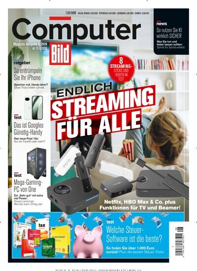 Titelbild der Ausgabe 8/2026 von Computer Bild. Diese Zeitschrift und viele weitere Computerzeitschriften, Tabletmagazine und Smartphonemagazine als Abo oder epaper bei United Kiosk online kaufen.