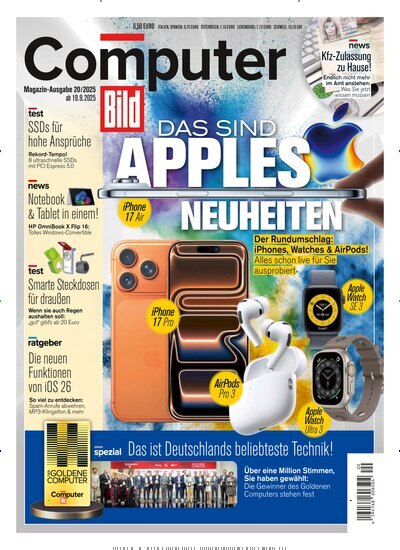Titelbild der Ausgabe 20/2025 von Computer Bild. Diese Zeitschrift und viele weitere Computerzeitschriften, Tabletmagazine und Smartphonemagazine als Abo oder epaper bei United Kiosk online kaufen.