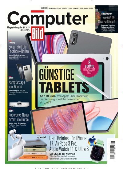 Titelbild der Ausgabe 21/2025 von Computer Bild. Diese Zeitschrift und viele weitere Computerzeitschriften, Tabletmagazine und Smartphonemagazine als Abo oder epaper bei United Kiosk online kaufen.