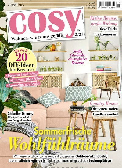 Titelbild der Ausgabe 3/2024 von Cosy. Diese Zeitschrift und viele weitere Frauenzeitschriften als Abo oder epaper bei United Kiosk online kaufen.