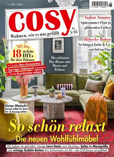 Titelbild der Ausgabe 5/2025 von Cosy. Diese Zeitschrift und viele weitere Frauenzeitschriften als Abo oder epaper bei United Kiosk online kaufen.