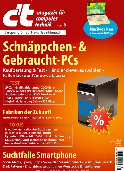 Titelbild der Ausgabe 8/2026 von ct. Diese Zeitschrift und viele weitere Computerzeitschriften, Tabletmagazine und Smartphonemagazine als Abo oder epaper bei United Kiosk online kaufen.