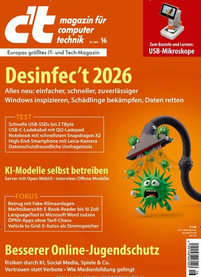 Titelbild der Ausgabe 16/2026 von ct. Diese Zeitschrift und viele weitere Computerzeitschriften, Tabletmagazine und Smartphonemagazine als Abo oder epaper bei United Kiosk online kaufen.