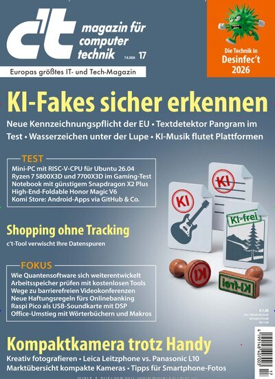 Titelbild der Ausgabe 17/2026 von ct. Diese Zeitschrift und viele weitere Computerzeitschriften, Tabletmagazine und Smartphonemagazine als Abo oder epaper bei United Kiosk online kaufen.