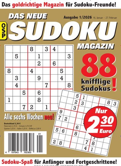 Titelbild der Ausgabe 1/2026 von Das neue Sudoku Magazin. Diese Zeitschrift und viele weitere Groschenromane und Rätselhefte als Abo oder epaper bei United Kiosk online kaufen.