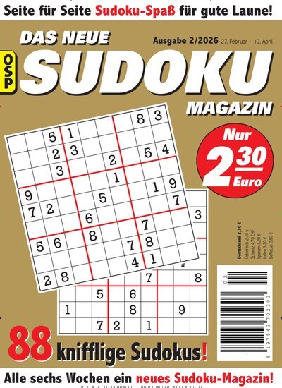 Titelbild der Ausgabe 2/2026 von Das neue Sudoku Magazin. Diese Zeitschrift und viele weitere Groschenromane und Rätselhefte als Abo oder epaper bei United Kiosk online kaufen.
