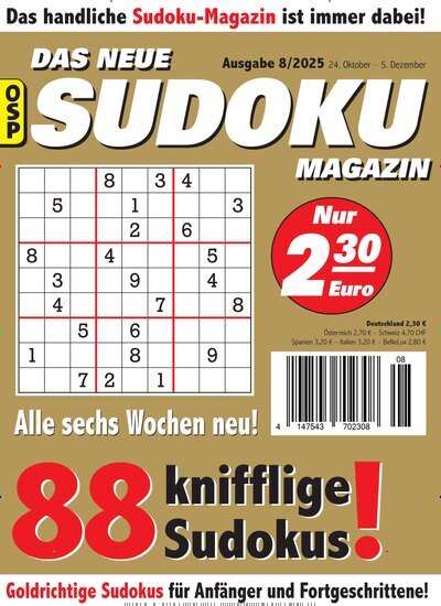 Titelbild der Ausgabe 8/2025 von Das neue Sudoku Magazin. Diese Zeitschrift und viele weitere Groschenromane und Rätselhefte als Abo oder epaper bei United Kiosk online kaufen.
