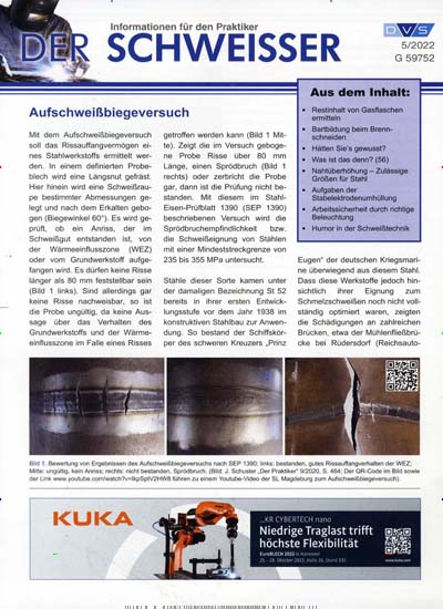 Titelbild der Ausgabe 5/2022 von Der Schweisser. Diese Zeitschrift und viele weitere Industriemagazine und Handwerkmagazine als Abo oder epaper bei United Kiosk online kaufen.
