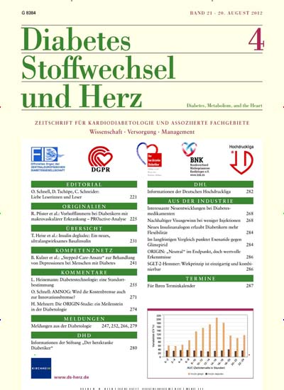 Diabetes, Stoffwechsel und Herz aktuelles Titelbild Ausgabe 4/2012 Aktuelles Titelbild von Diabetes, Stoffwechsel und Herz. In der Ausgabe 4/2012 geht es um die Themen: <b>Aus der Industrie</b>; Interessante Neuentwicklungen bei Diabetesmedikamenten. Lesen Sie gerne Pflegezeitschriften und medizinische Fachzeitschriften? Dann empfehlen wir Ihnen Diabetes, Stoffwechsel und Herz als Abo oder Geschenkabo.