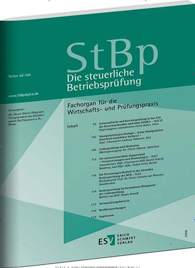 Die steuerliche Betriebsprüfung aktuelles Titelbild Ausgabe 1/2018 Aktuelles Titelbild von Die steuerliche Betriebsprüfung. In der Ausgabe 1/2018 geht es um die Themen: Steueraufsicht und Betriebsprüfung. Lesen Sie gerne Business Magazines? Dann empfehlen wir Ihnen Die steuerliche Betriebsprüfung als Abo oder Geschenkabo.