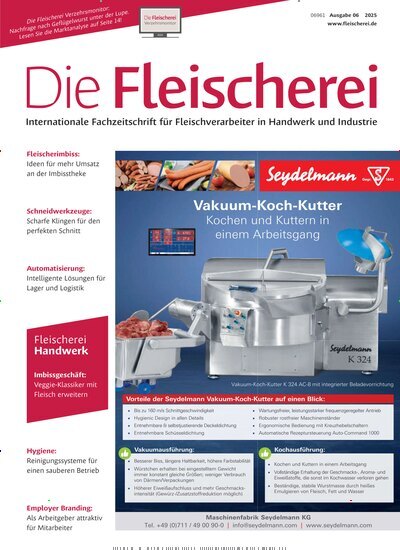 Titelbild der Ausgabe 6/2025 von Die Fleischerei. Diese Zeitschrift und viele weitere Gastronomiezeitschriften, Fashionmagazine, Beautymagazine als Abo oder epaper bei United Kiosk online kaufen.