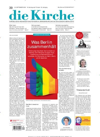 Titelbild der Ausgabe 39/2026 von Die Kirche. Diese Zeitschrift und viele weitere Kunstmagazine und Kulturmagazine als Abo oder epaper bei United Kiosk online kaufen.