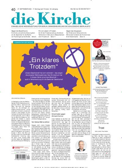 Titelbild der Ausgabe 40/2026 von Die Kirche. Diese Zeitschrift und viele weitere Kunstmagazine und Kulturmagazine als Abo oder epaper bei United Kiosk online kaufen.