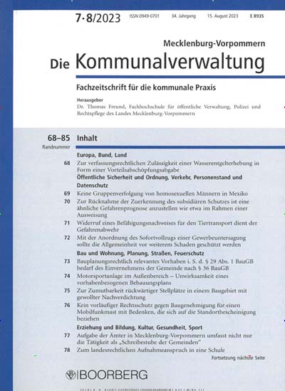 Titelbild der Ausgabe 8/2023 von Die Kommunalverwaltung Mecklenburg-Vorpommern. Diese Zeitschrift und viele weitere Jurazeitschriften und Zeitschriften für Verwaltung als Abo oder epaper bei United Kiosk online kaufen.