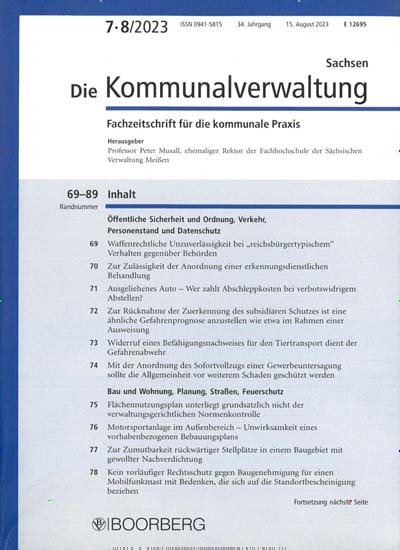 Titelbild der Ausgabe 8/2023 von Die Kommunalverwaltung Sachsen. Diese Zeitschrift und viele weitere Jurazeitschriften und Zeitschriften für Verwaltung als Abo oder epaper bei United Kiosk online kaufen.