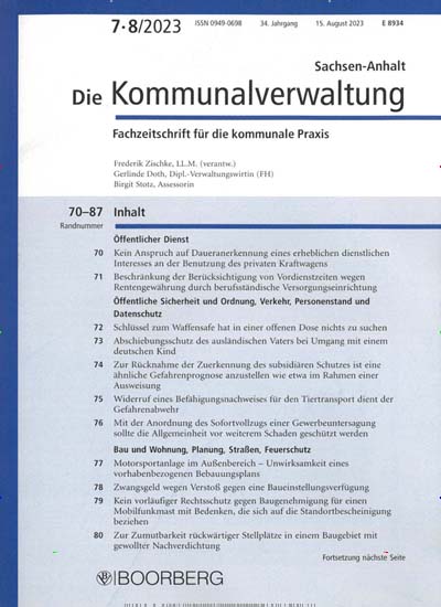 Titelbild der Ausgabe 8/2023 von Die Kommunalverwaltung Sachsen-Anhalt. Diese Zeitschrift und viele weitere Jurazeitschriften und Zeitschriften für Verwaltung als Abo oder epaper bei United Kiosk online kaufen.