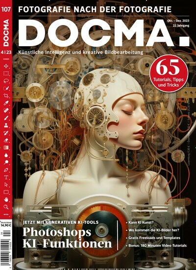Titelbild der Ausgabe 4/2023 von DOCMA. Diese Zeitschrift und viele weitere Audiomagazine, Filmmagazine und Fotozeitschriften als Abo oder epaper bei United Kiosk online kaufen.