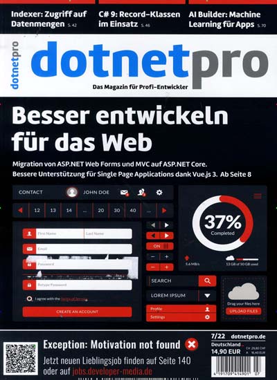 Titelbild der Ausgabe 7/2022 von Dotnetpro. Diese Zeitschrift und viele weitere Computerzeitschriften, Tabletmagazine und Smartphonemagazine als Abo oder epaper bei United Kiosk online kaufen.