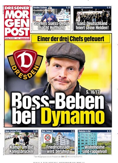 Titelbild der Ausgabe 218/2025 von Dresdner Morgenpost. Diese Zeitschrift und viele weitere Zeitungsabos als Abo oder epaper bei United Kiosk online kaufen.