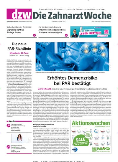 Titelbild der Ausgabe 30/2021 von dzw Die ZahnarztWoche. Diese Zeitschrift und viele weitere Pflegezeitschriften und medizinische Fachzeitschriften als Abo oder epaper bei United Kiosk online kaufen.