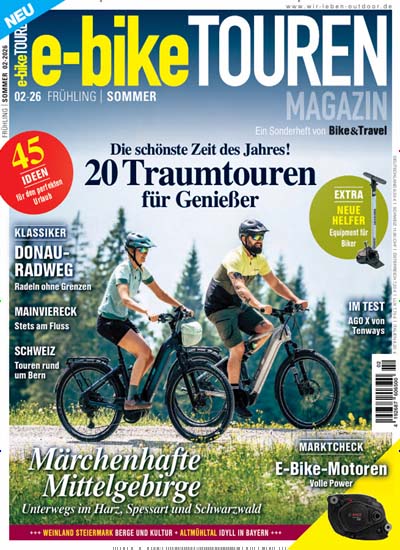 Titelbild der Ausgabe 2/2026 von e-bike Touren Magazin. Diese Zeitschrift und viele weitere Sportmagazine als Abo oder epaper bei United Kiosk online kaufen.
