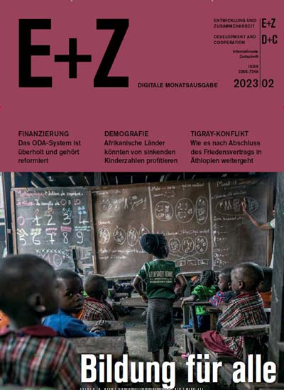Titelbild der Ausgabe 2/2023 von E + Z Entwicklung und Zusammenarbeit. Diese Zeitschrift und viele weitere Jurazeitschriften und Zeitschriften für Verwaltung als Abo oder epaper bei United Kiosk online kaufen.