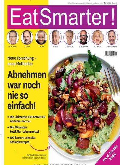 Titelbild der Ausgabe 1/2026 von EatSmarter!. Diese Zeitschrift und viele weitere Kochzeitschriften und Backzeitschriften als Abo oder epaper bei United Kiosk online kaufen.