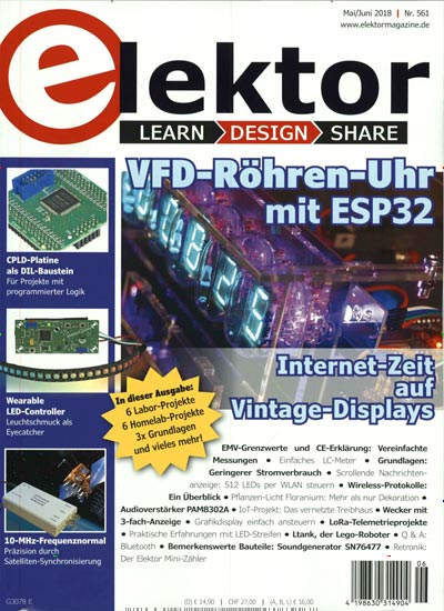 Elektor aktuelles Titelbild Ausgabe 6/2018 Aktuelles Titelbild von Elektor. In der Ausgabe 6/2018 geht es um die Themen: VFD-Röhren-Uhr mit ESP32. Lesen Sie gerne Audiomagazine, Filmmagazine und Fotozeitschriften? Dann empfehlen wir Ihnen Elektor als Abo oder Geschenkabo.