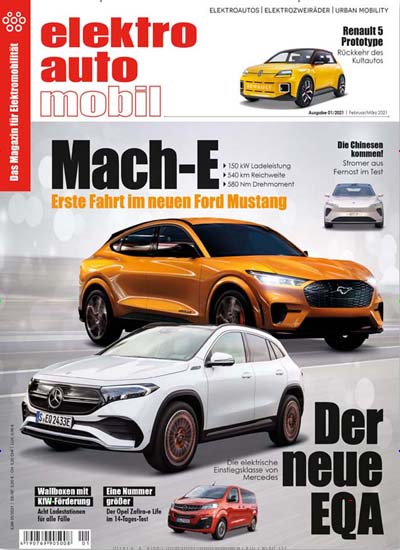 Titelbild der Ausgabe 1/2021 von Elektroautomobil. Diese Zeitschrift und viele weitere Automagazine und Motorradzeitschriften als Abo oder epaper bei United Kiosk online kaufen.