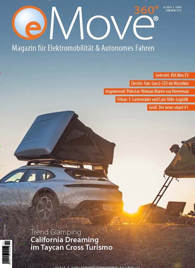 Titelbild der Ausgabe 2/2023 von eMove 360. Diese Zeitschrift und viele weitere Automagazine und Motorradzeitschriften als Abo oder epaper bei United Kiosk online kaufen.