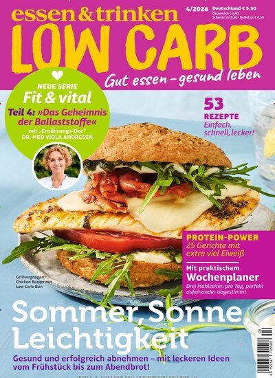 Titelbild der Ausgabe 4/2026 von essen & trinken Low Carb. Diese Zeitschrift und viele weitere Kochzeitschriften und Backzeitschriften als Abo oder epaper bei United Kiosk online kaufen.